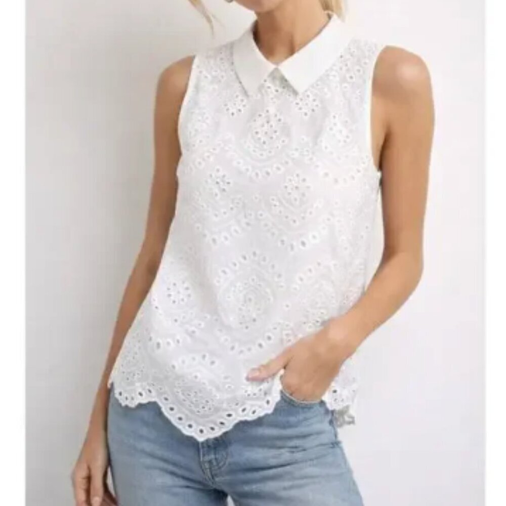 Modcloth Women's Size Large Embroidered Eyelet Collared Top White Scallop Hem
